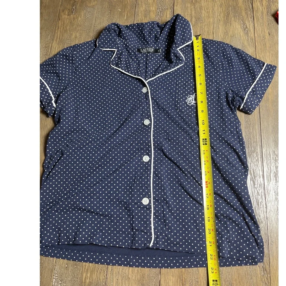 Lauren Ralph Lauren Navy Polka Dot Cotton Pajama Top Short Sleeve Size Medium